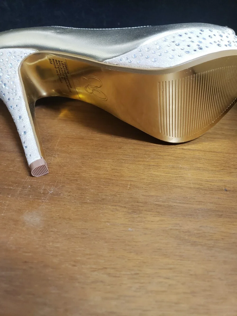 Metallic Gold Platform Peep-Toe High Heels with Crystal Embellished Heel